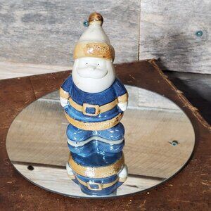 Vintage Little Round Ceramic Santa - Blue & Beige